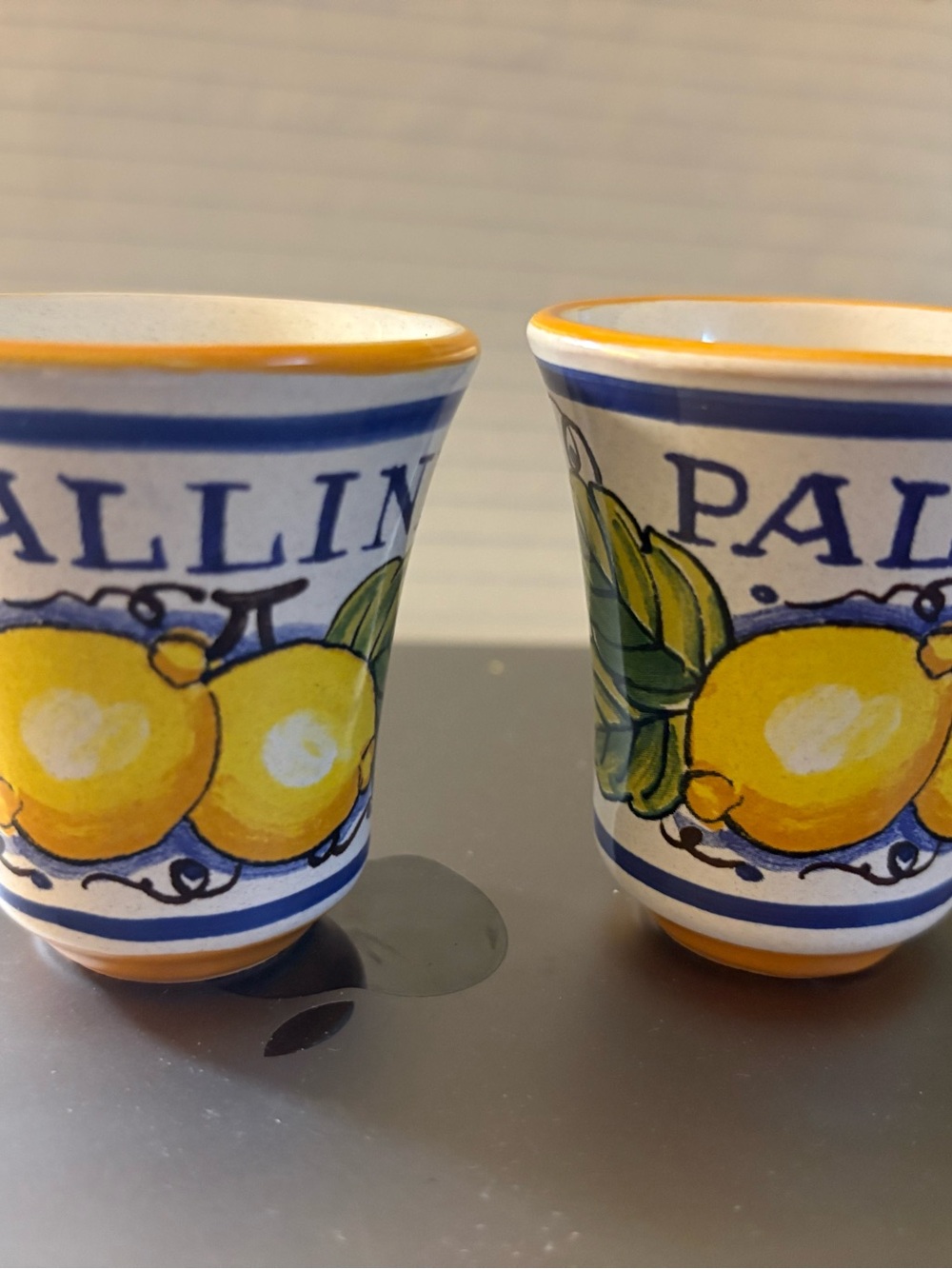 Hand-Painted Limoncello Lemon Pallini Ceramic Shot Glasses - Blue & Yellow